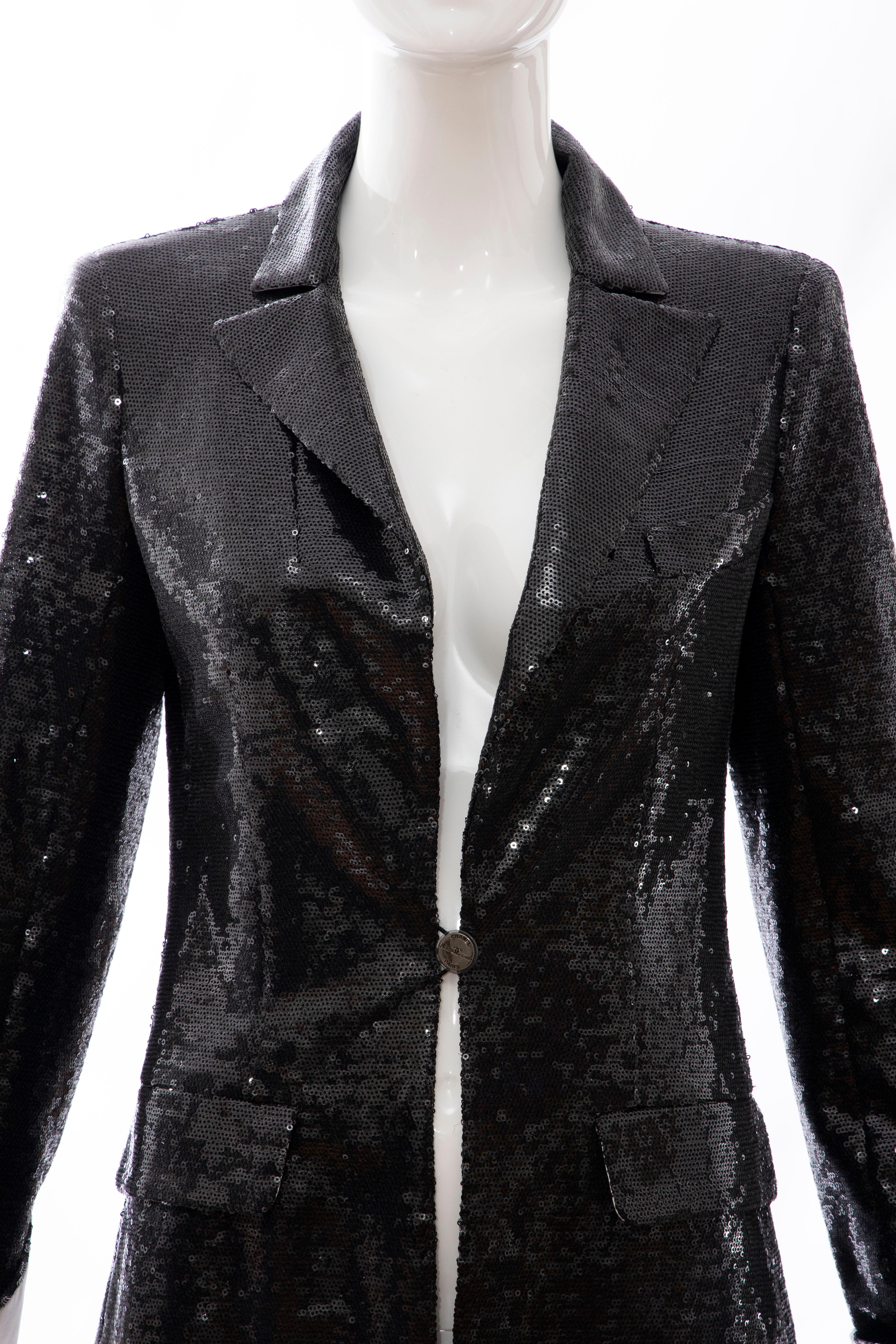Chanel Black Embroidered Sequin Evening Jacket Ivory Silk Cuffs, Cruise 2009 For Sale 6