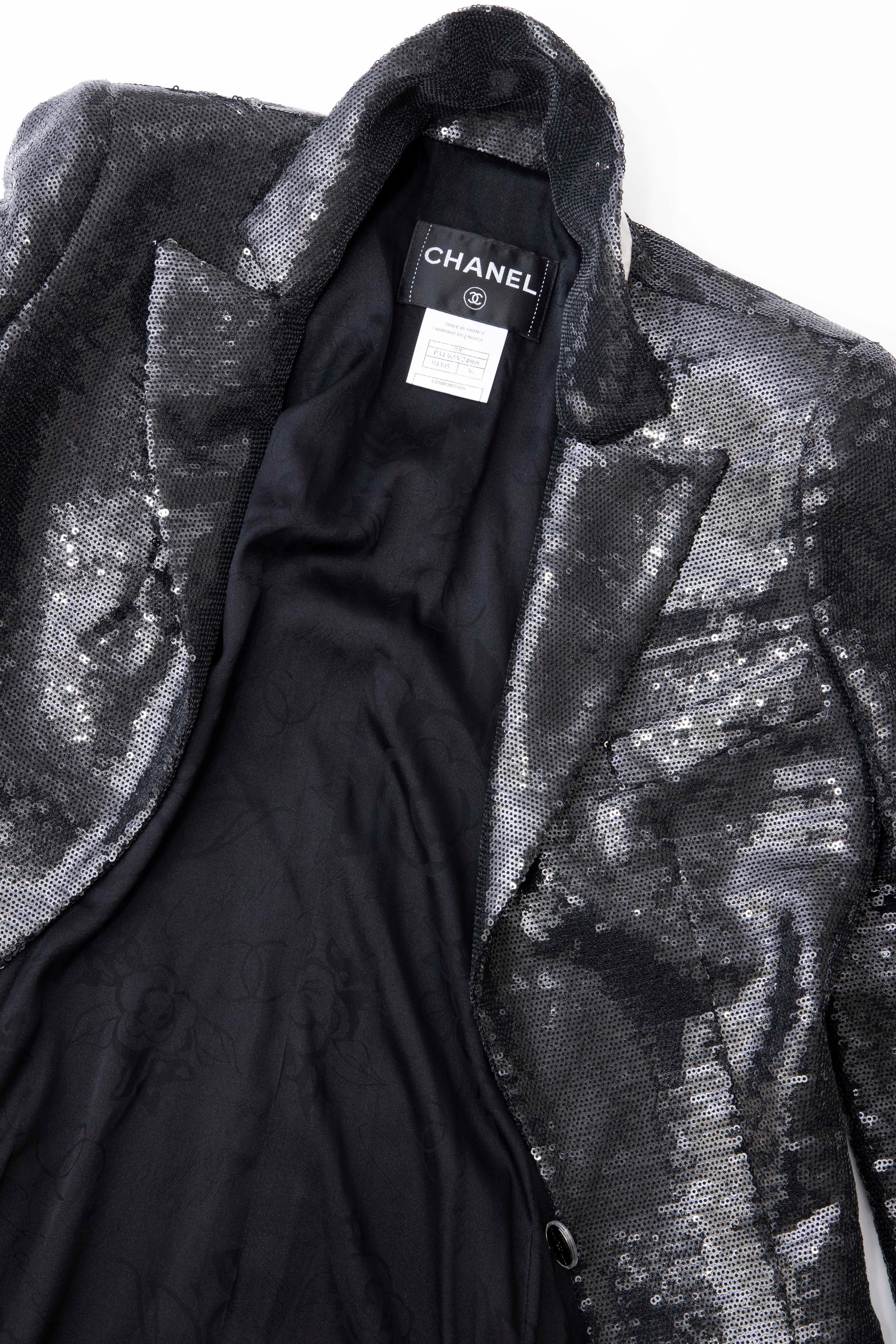 Chanel Black Embroidered Sequin Evening Jacket Ivory Silk Cuffs, Cruise 2009 For Sale 9