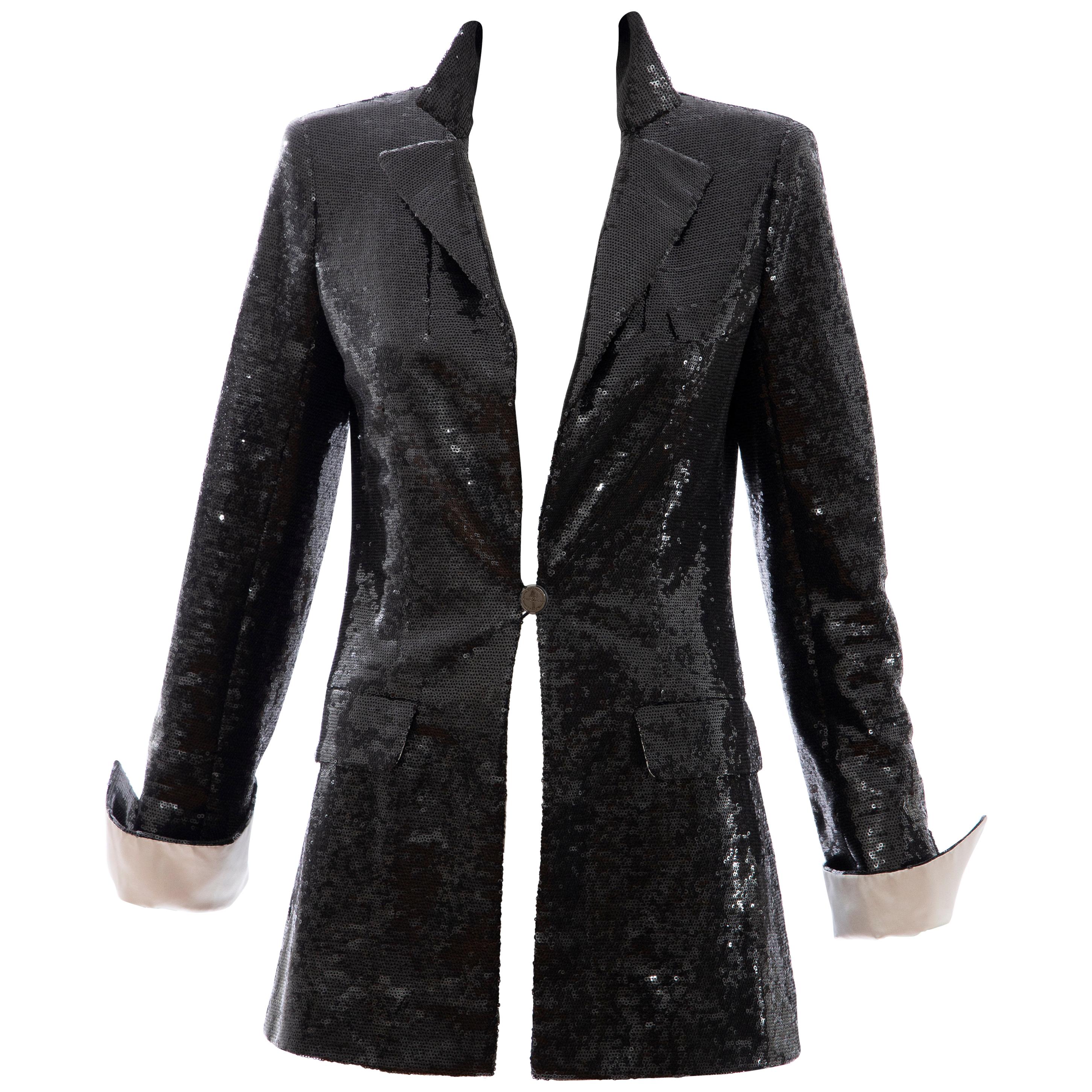 Chanel Black Embroidered Sequin Evening Jacket Ivory Silk Cuffs, Cruise 2009 For Sale