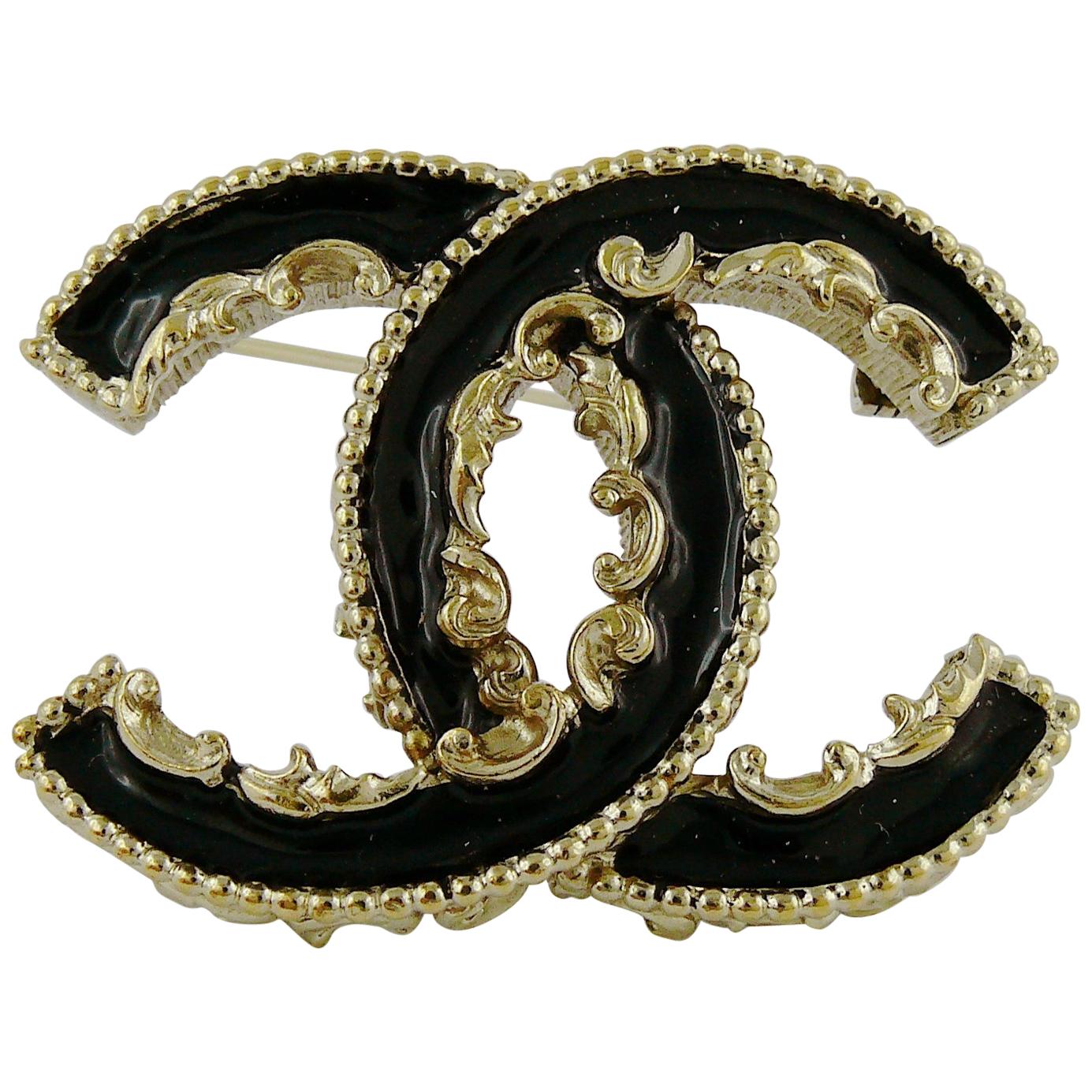 Chanel Black Enamel Baroque Logo Brooch