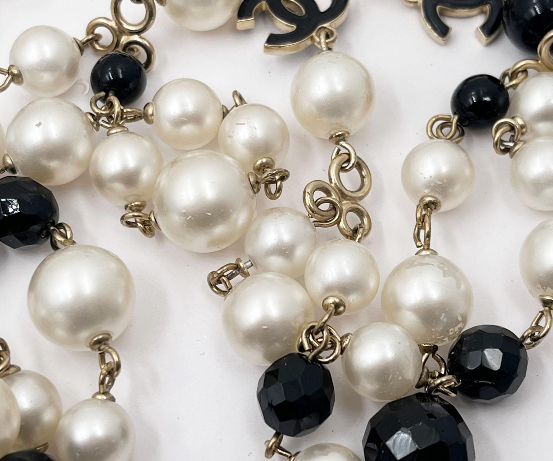 Artisan Chanel Black Enamel CC Black Bead Pearl Necklace  