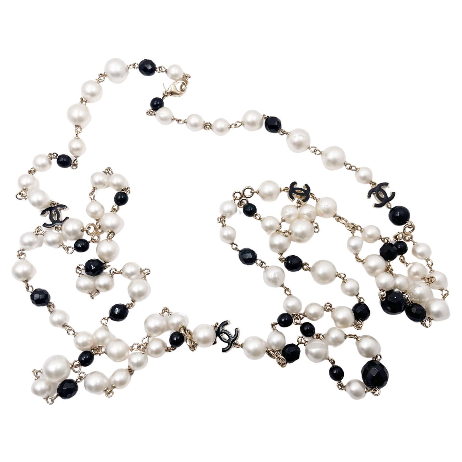 Chanel Black Enamel CC Black Bead Pearl Necklace  
