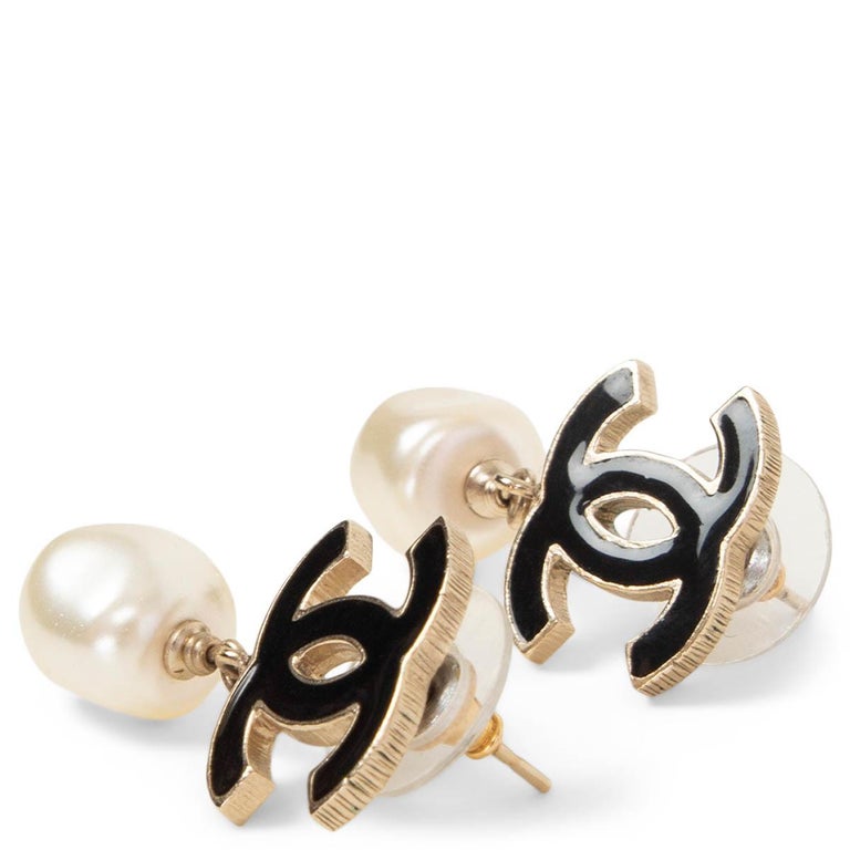 Chanel Black Enamel & Faux Pearl CC Drop Earrings