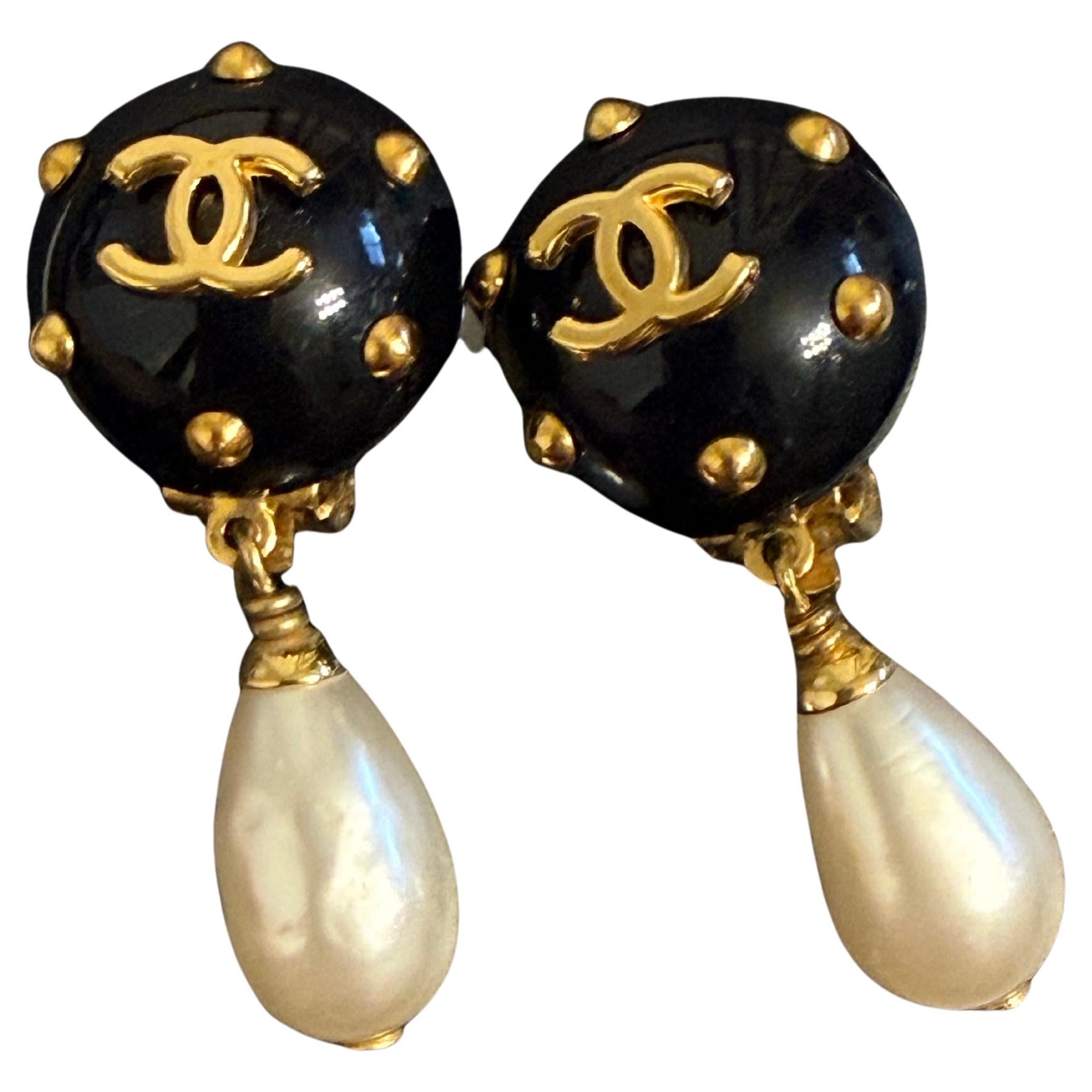 Chanel Black Enamel Gold CC & Pearl Drop Vintage Clip On Earrings