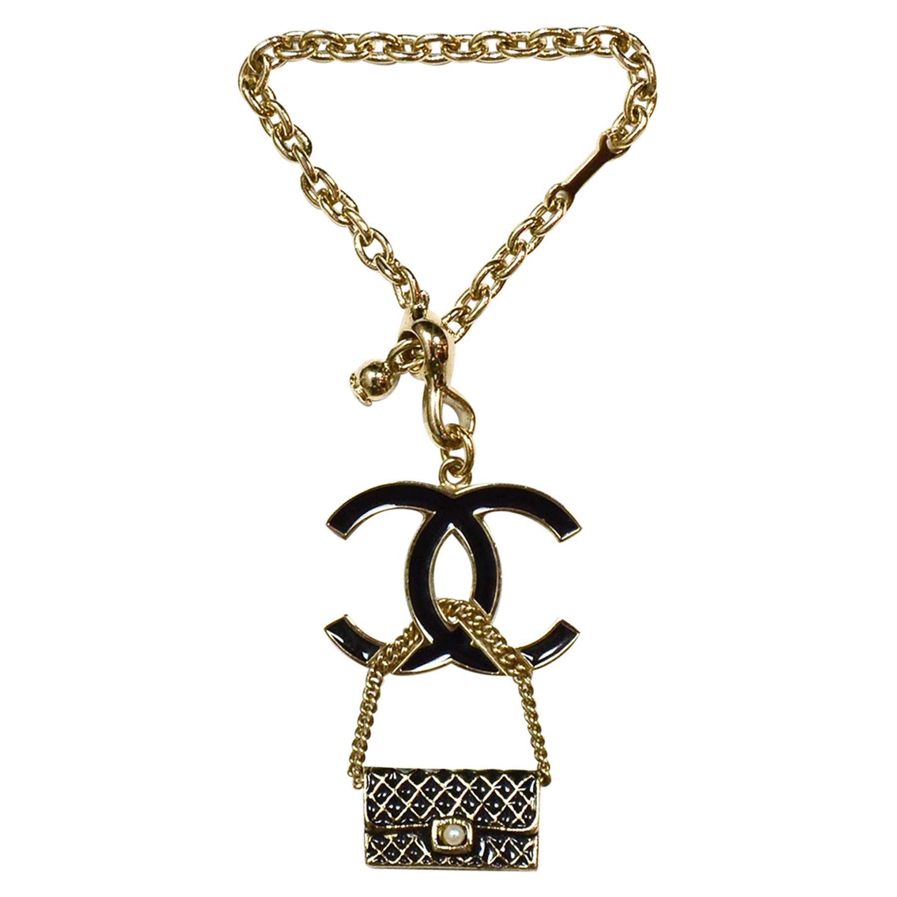Chanel Black Enamel Goldtone CC & Flap Bag Keychain Bag Charm