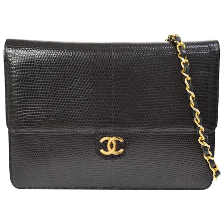 Chanel Black Exotic Lizard Leather Gold Evening Small Shoulder Flap Bag