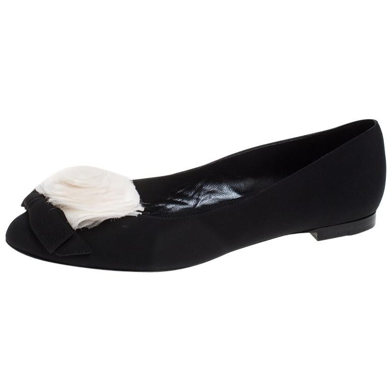 Chanel Black Fabric And White Camellia Tulle Ballet Flats Size 40