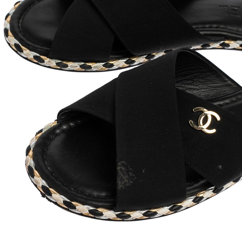 Women's Chanel Black Fabric Braided Trim Criss Cross CC Flat Slides Size 38