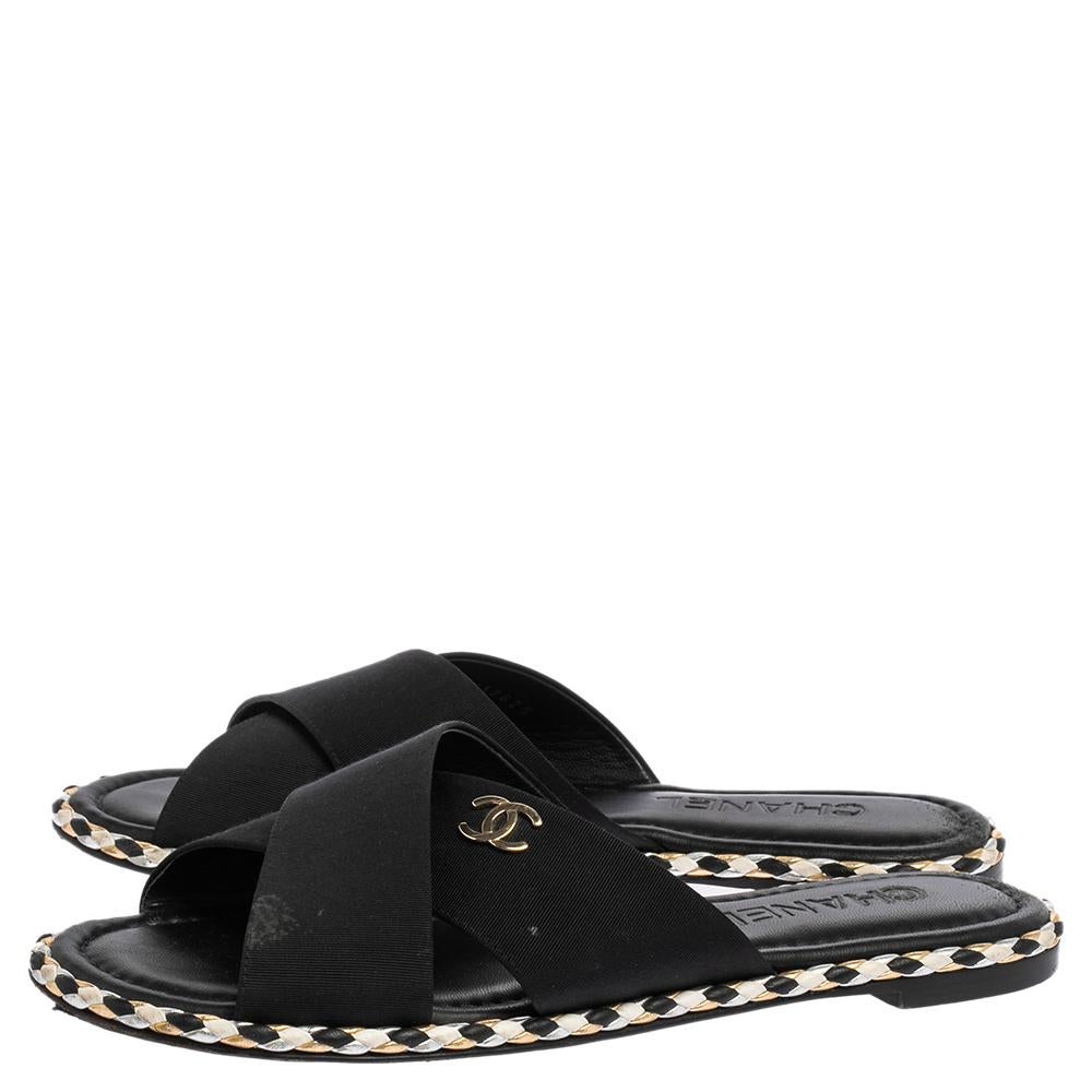 Chanel Black Fabric Braided Trim Criss Cross CC Flat Slides Size 38 1