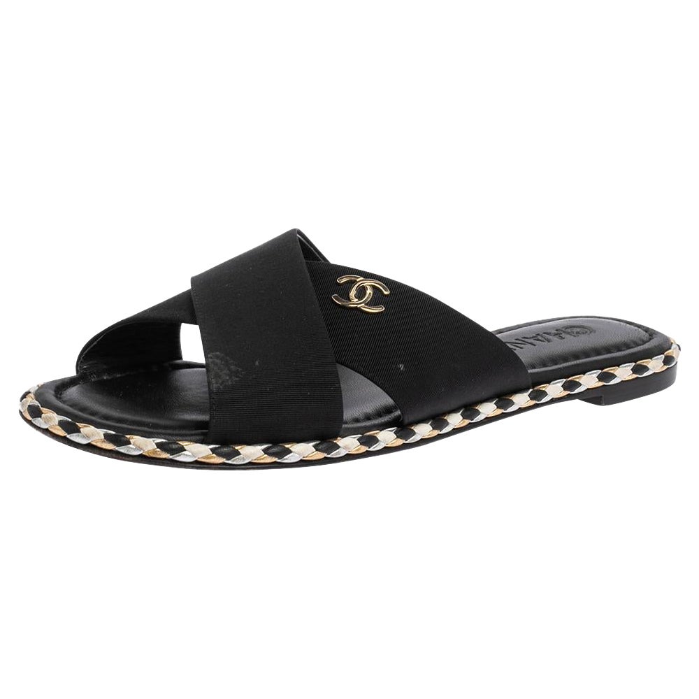 Chanel Black Fabric Braided Trim Criss Cross CC Flat Slides Size 38