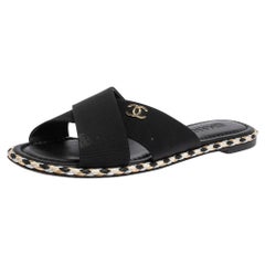 Chanel Black Fabric Braided Trim Criss Cross CC Flat Slides Size 38