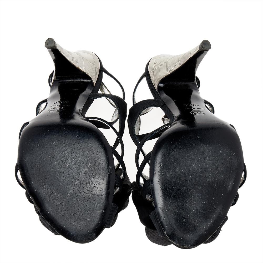 Women's Chanel Black Fabric Camellia Ankle Strap Sandals Size 40.5
