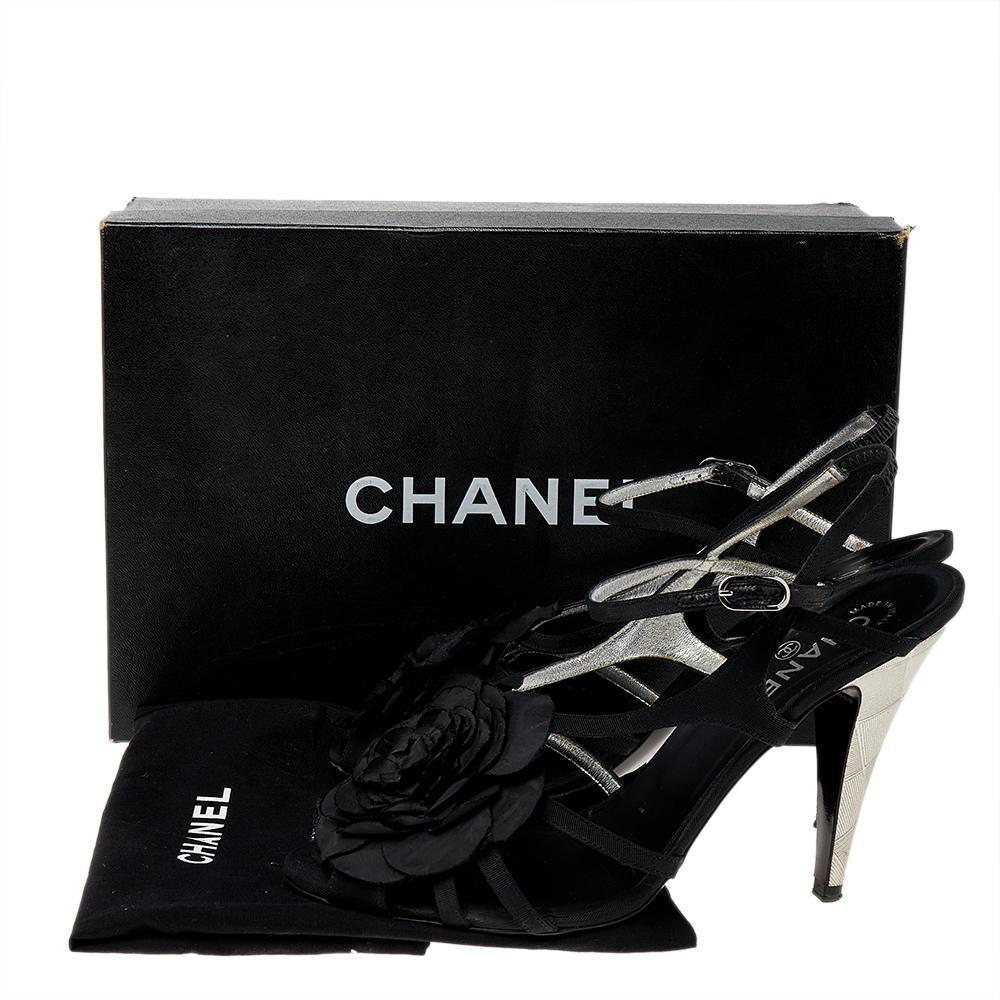 Chanel Black Fabric Camellia Ankle Strap Sandals Size 40.5 4