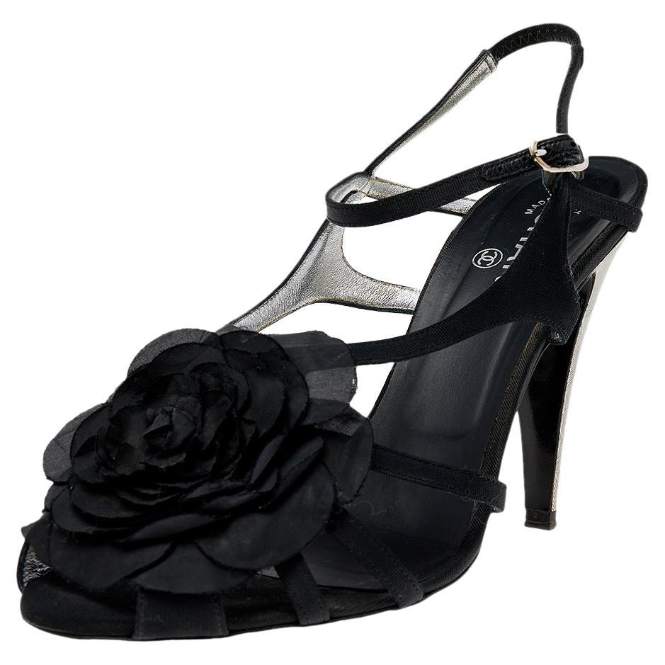 Chanel Black Fabric Camellia Ankle Strap Sandals Size 40.5