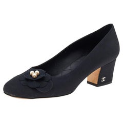 Chanel Black Fabric Camellia CC Block Heel Pumps Size 37.5