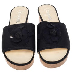 Chanel Black Fabric CC Camellia Slide Sandals Size 40