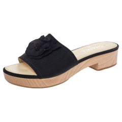 Chanel Black Fabric CC Camellia Slide Sandals Size 40