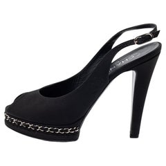 Chanel Black Fabric CC Chain Detail Peep Toe Platform Slingback Sandals Size 41