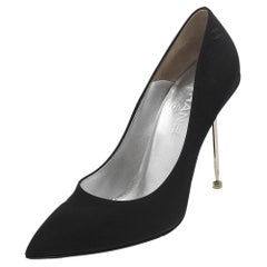 chanel pumps shoes Chanel Black Fabric CC Metal Heel Pointed Toe Pumps Size 39.5