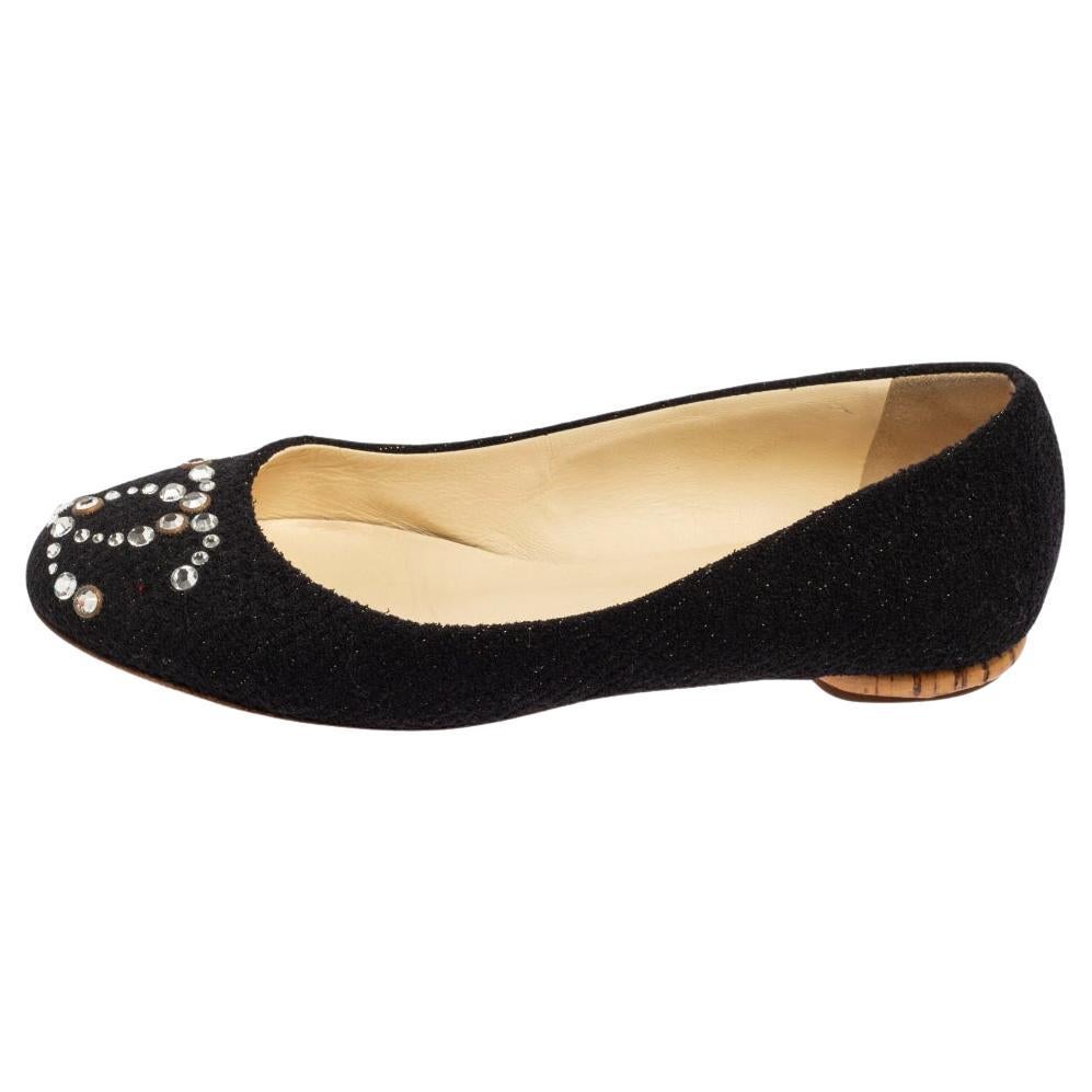 Chanel - Chaussures de ballet CC embellies de cristaux en tissu noir, taille 36,5