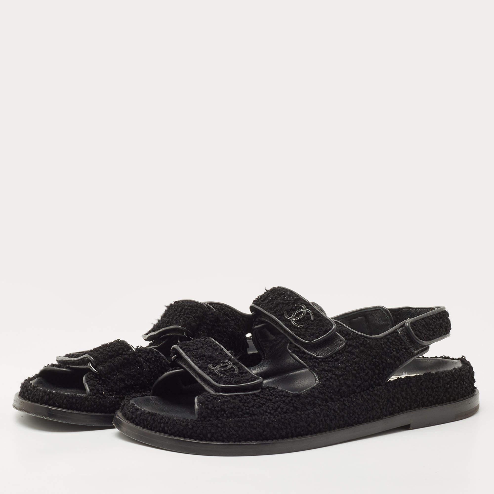 Women's Chanel Black Fabric Dad Flat Sandals Size 37.5