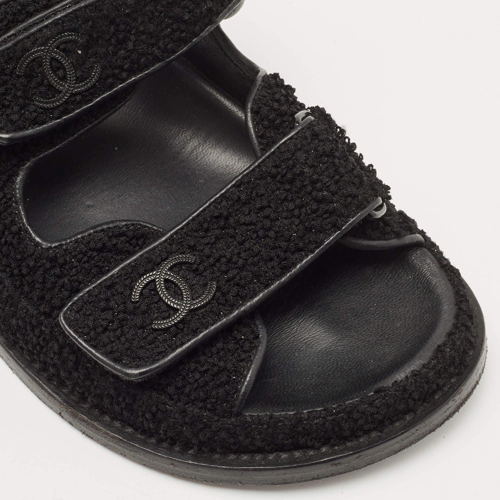 Chanel Black Fabric Dad Flat Sandals Size 37.5 3