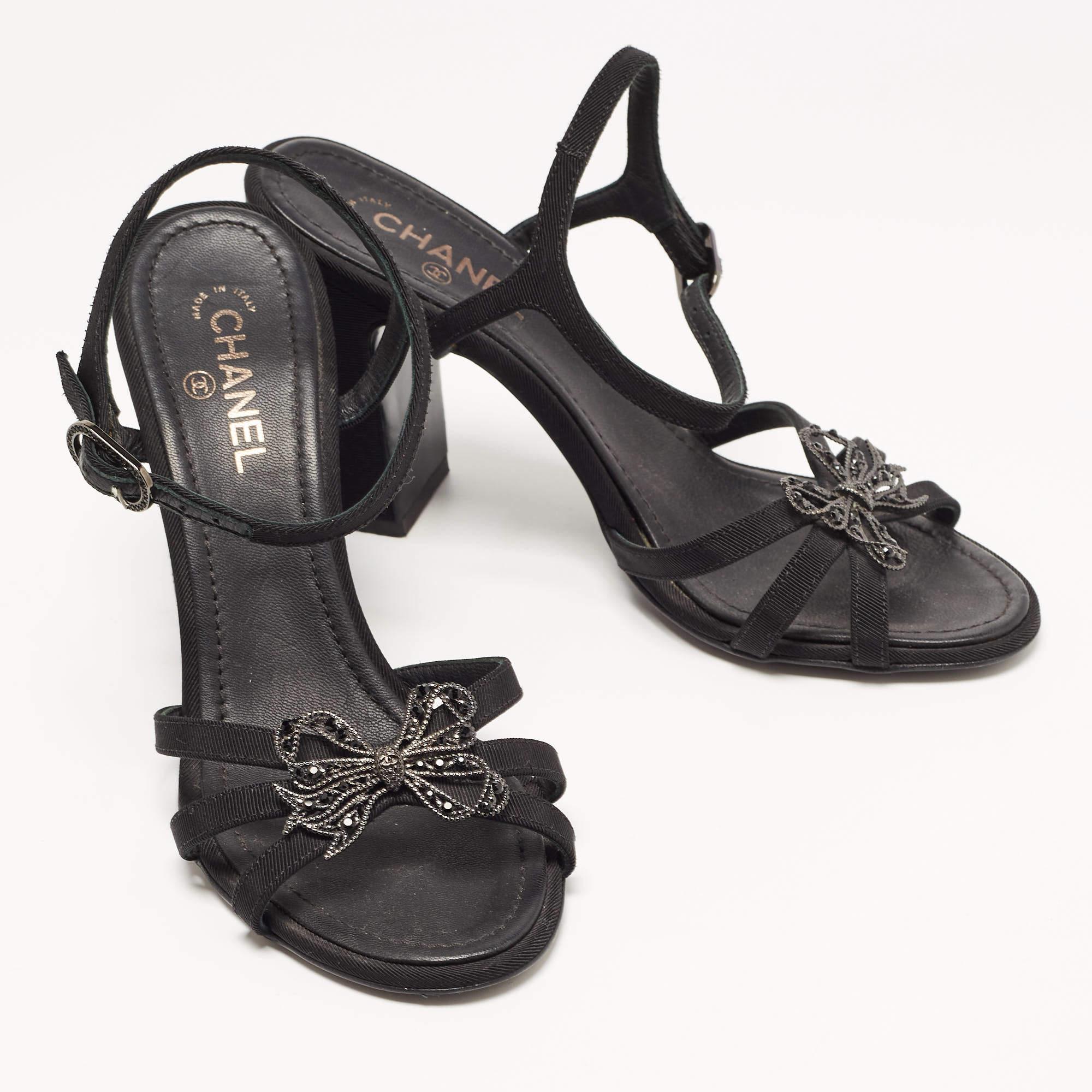 Chanel Black Fabric Embellished Bow Ankle Strap Sandals Size 37 1