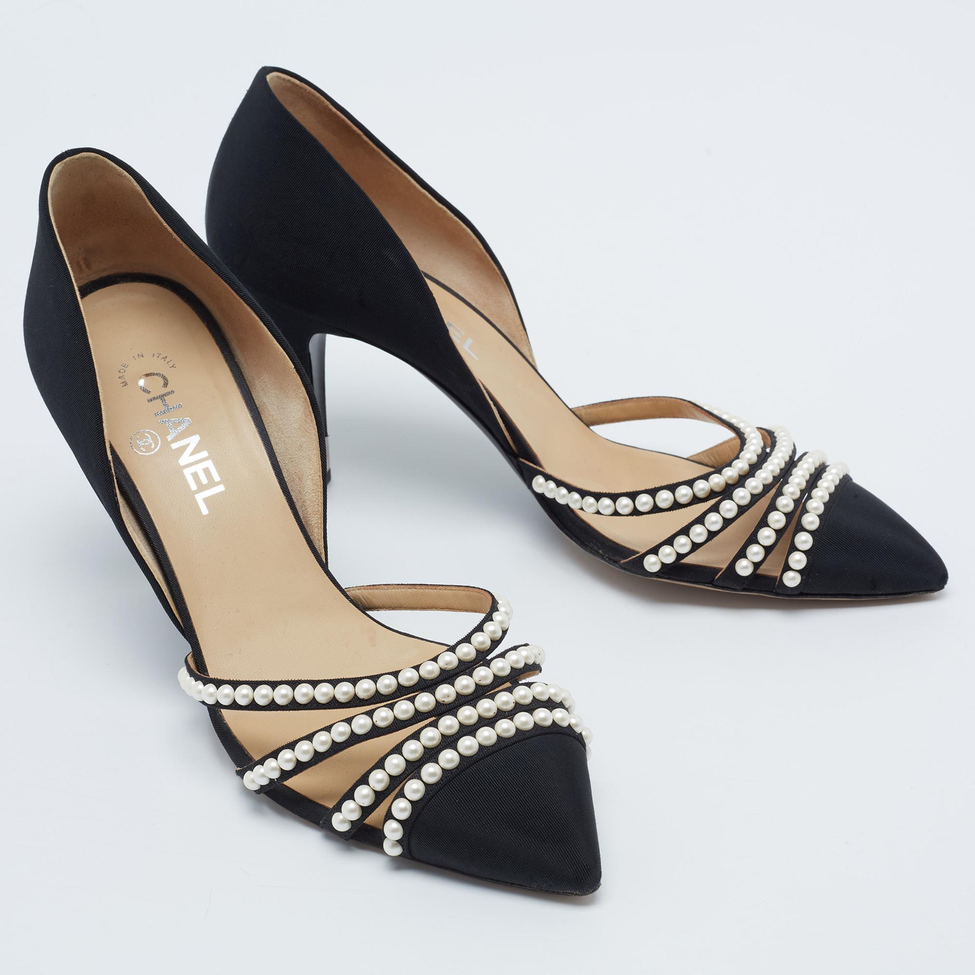 Chanel Black Fabric Faux Pearl D'Orsay Pumps Size 41 1