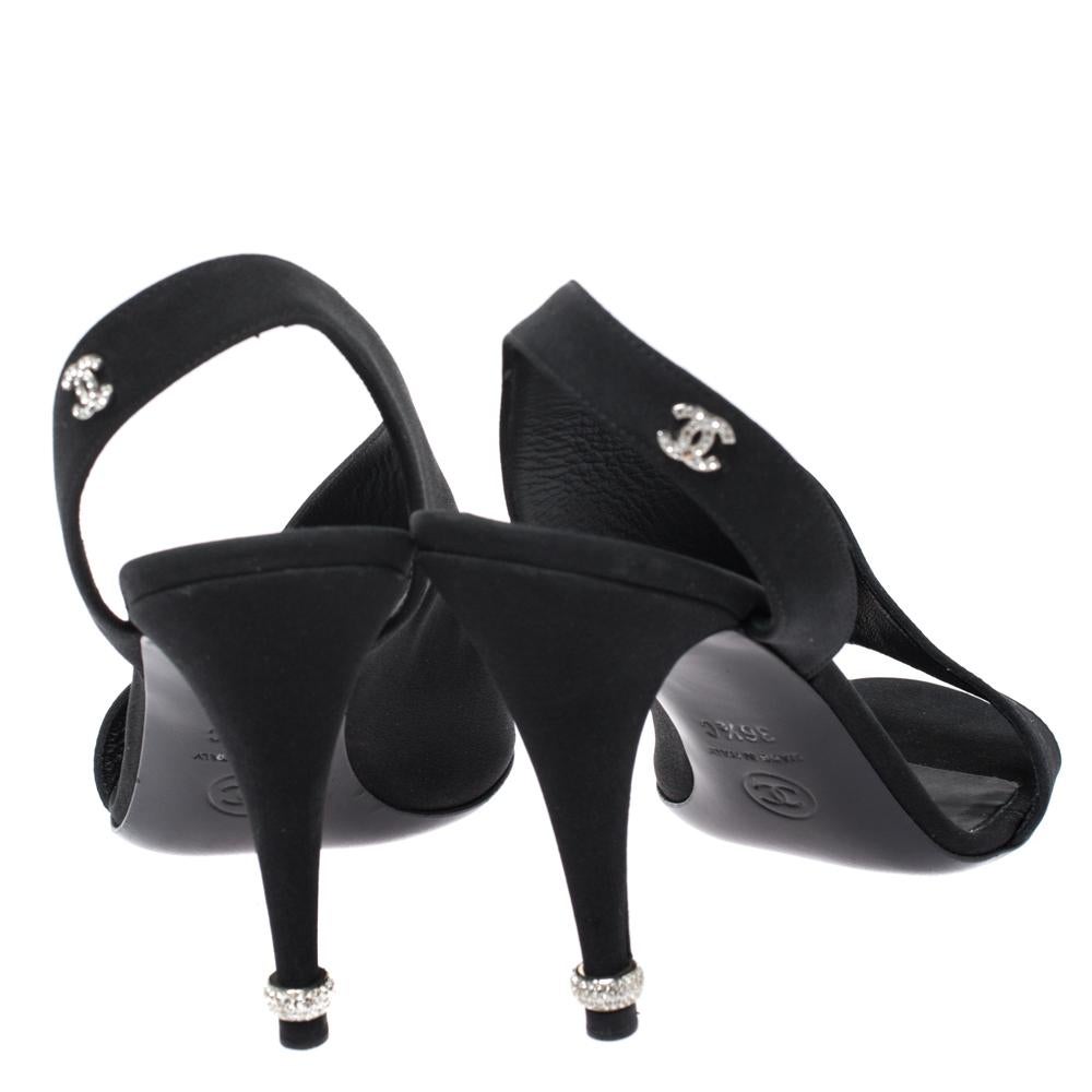 Women's Chanel Black Fabric Open Toe CC Slingback Sandals Size 36.5