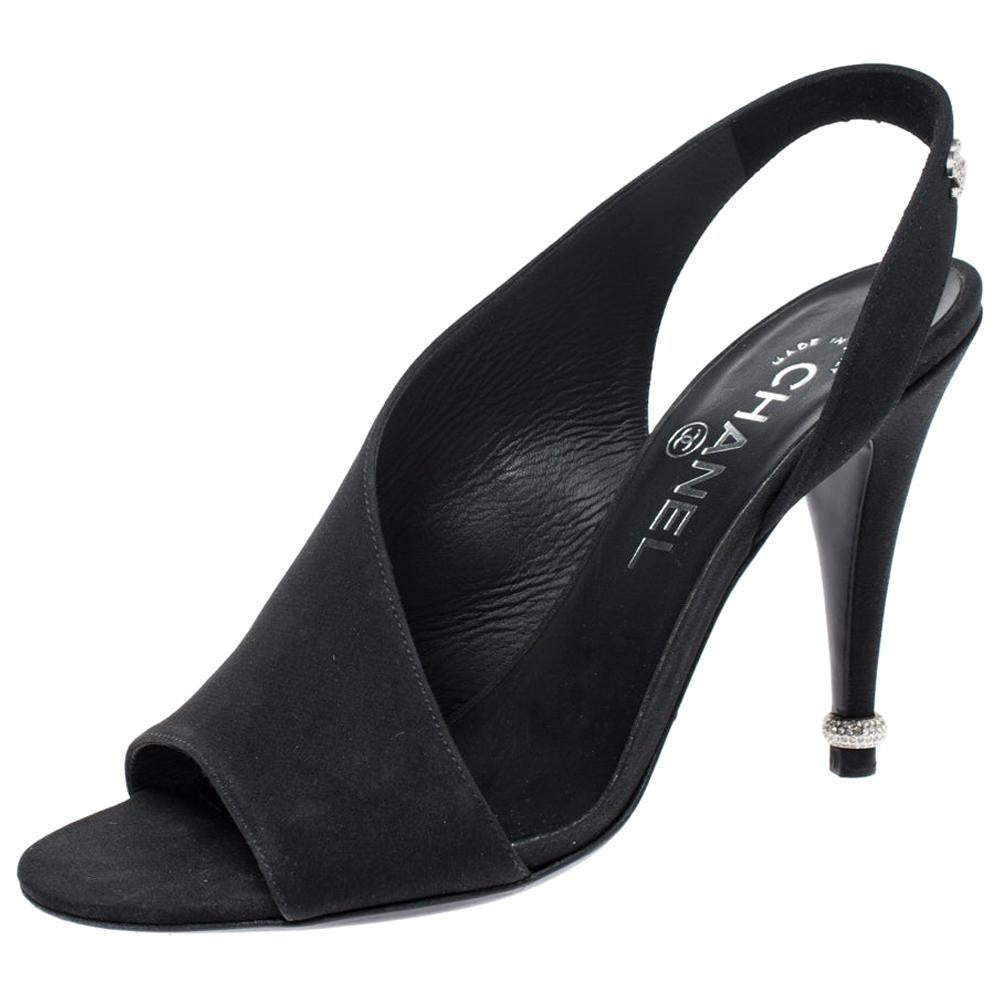 Chanel Black Fabric Open Toe CC Slingback Sandals Size 36.5