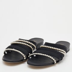 Chanel Black Fabric Pearl Embellished CC Strappy Slide Sandals Size 39