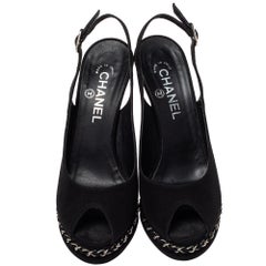 Chanel Black Fabric Slingback Platform Sandals Size 39