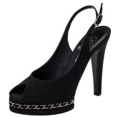 Chanel Black Fabric Slingback Platform Sandals Size 39