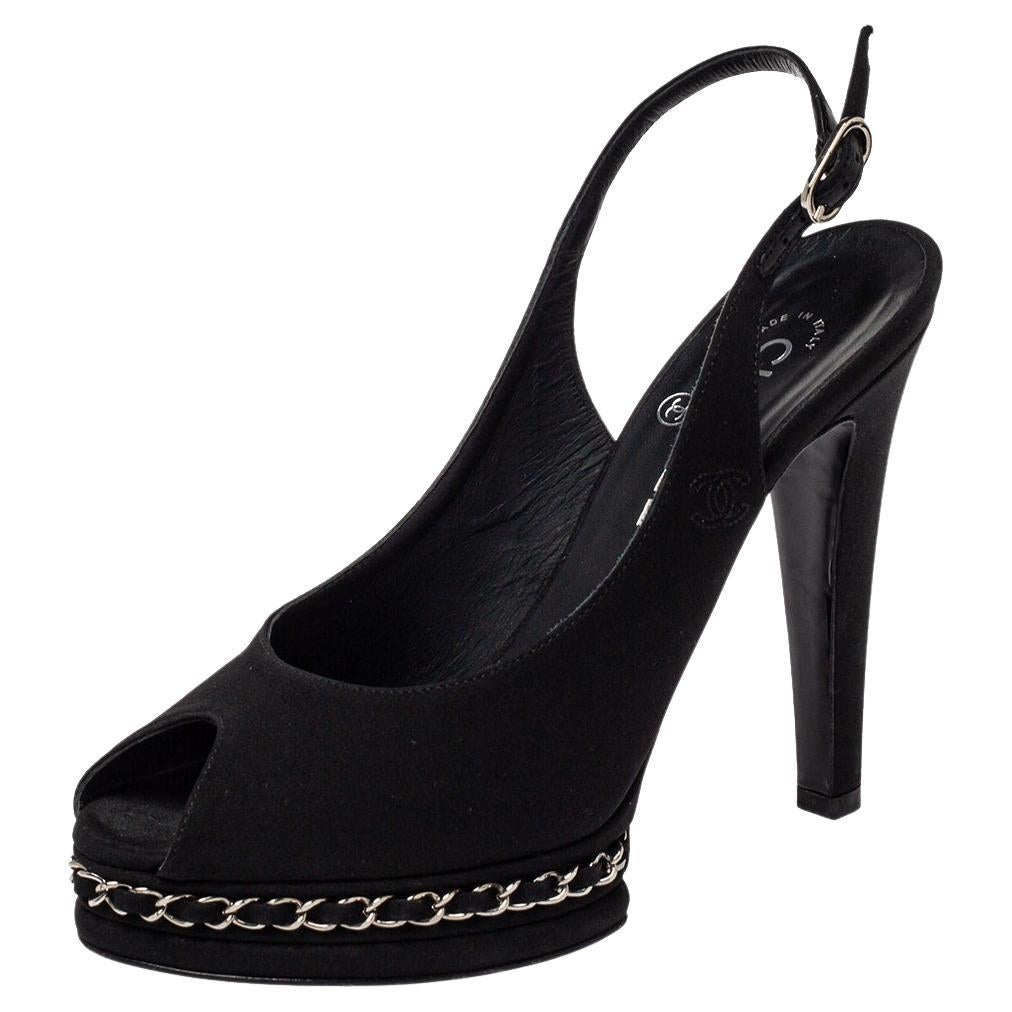 Chanel Black Leather Slingback Block Heels 39.5 at 1stDibs