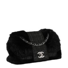 CHANEL Black Fantasy Fur & Grey Tweed Medium Classic Single Flap Bag