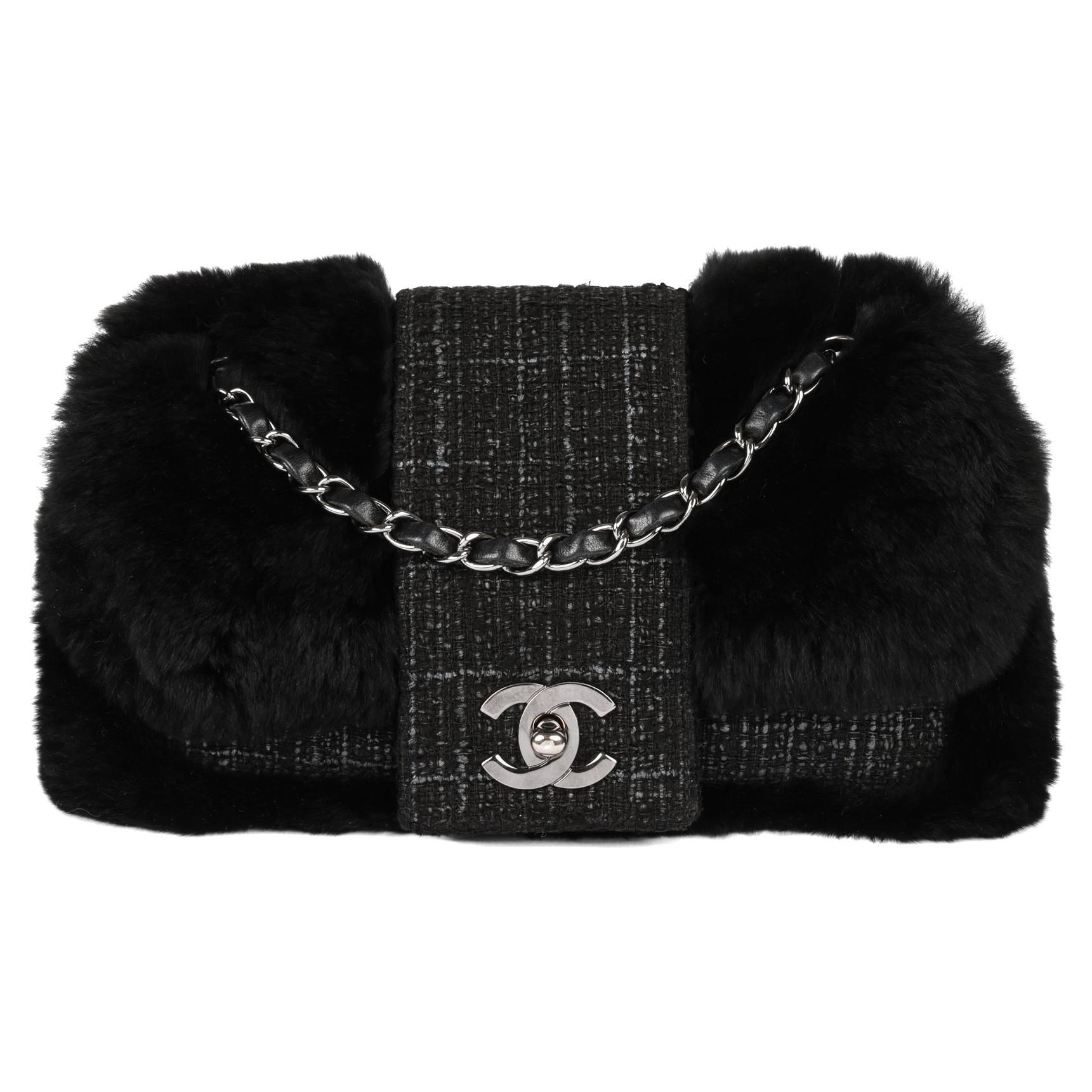CHANEL Black Fantasy Fur & Grey Tweed Medium Classic Single Flap Bag