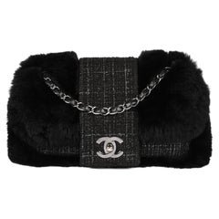 CHANEL Black Fantasy Fur & Grey Tweed Medium Classic Single Flap Bag