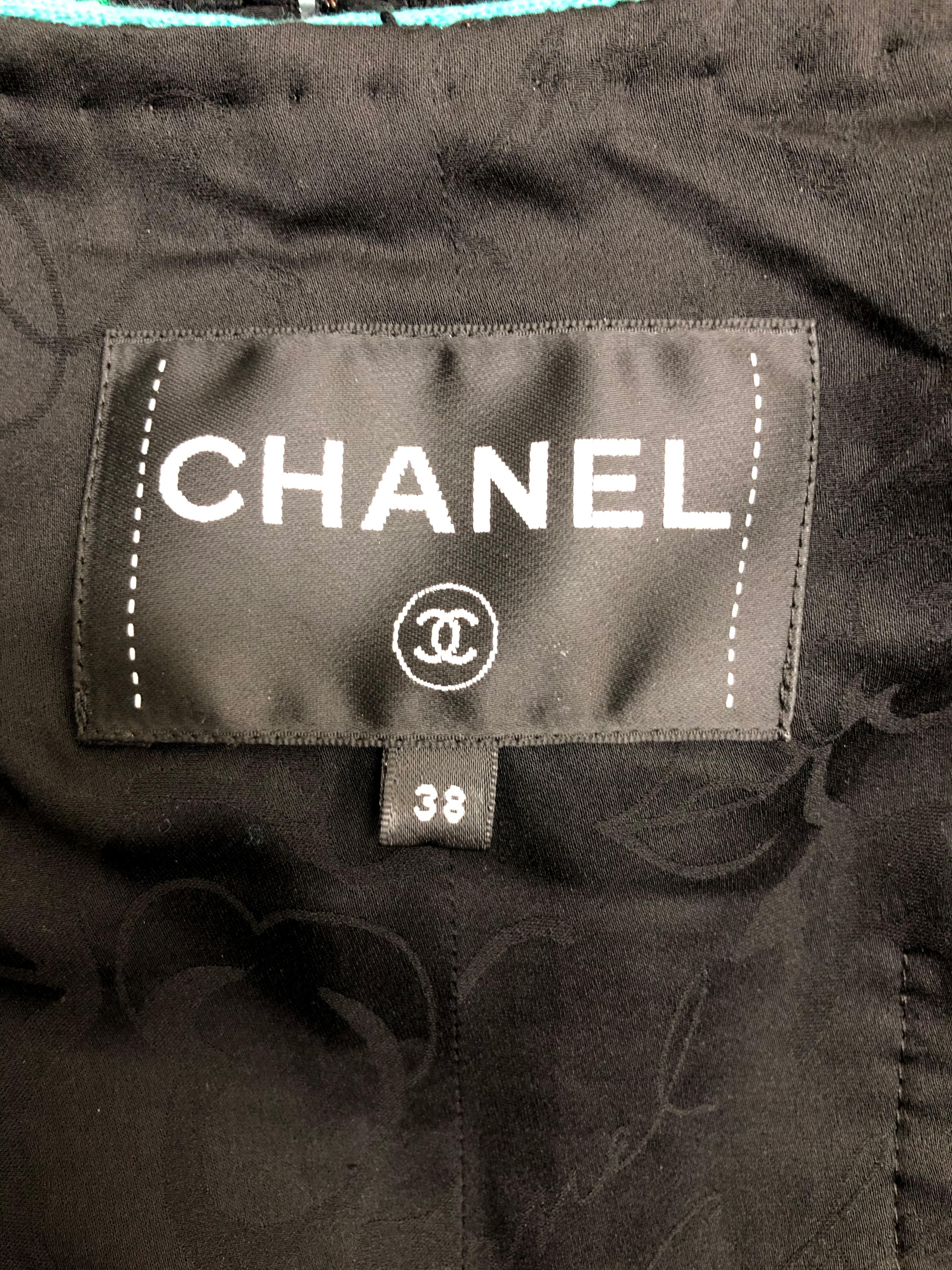 Chanel Black Fantasy Tweed 3/4 Jacket W/ Turquoise Knit Piping & CC Logo Buttons 6