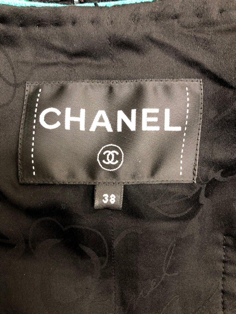 Chanel Black Fantasy Tweed 3/4 Jacket W/ Turquoise Knit Piping and CC Logo  Buttons For Sale at 1stDibs