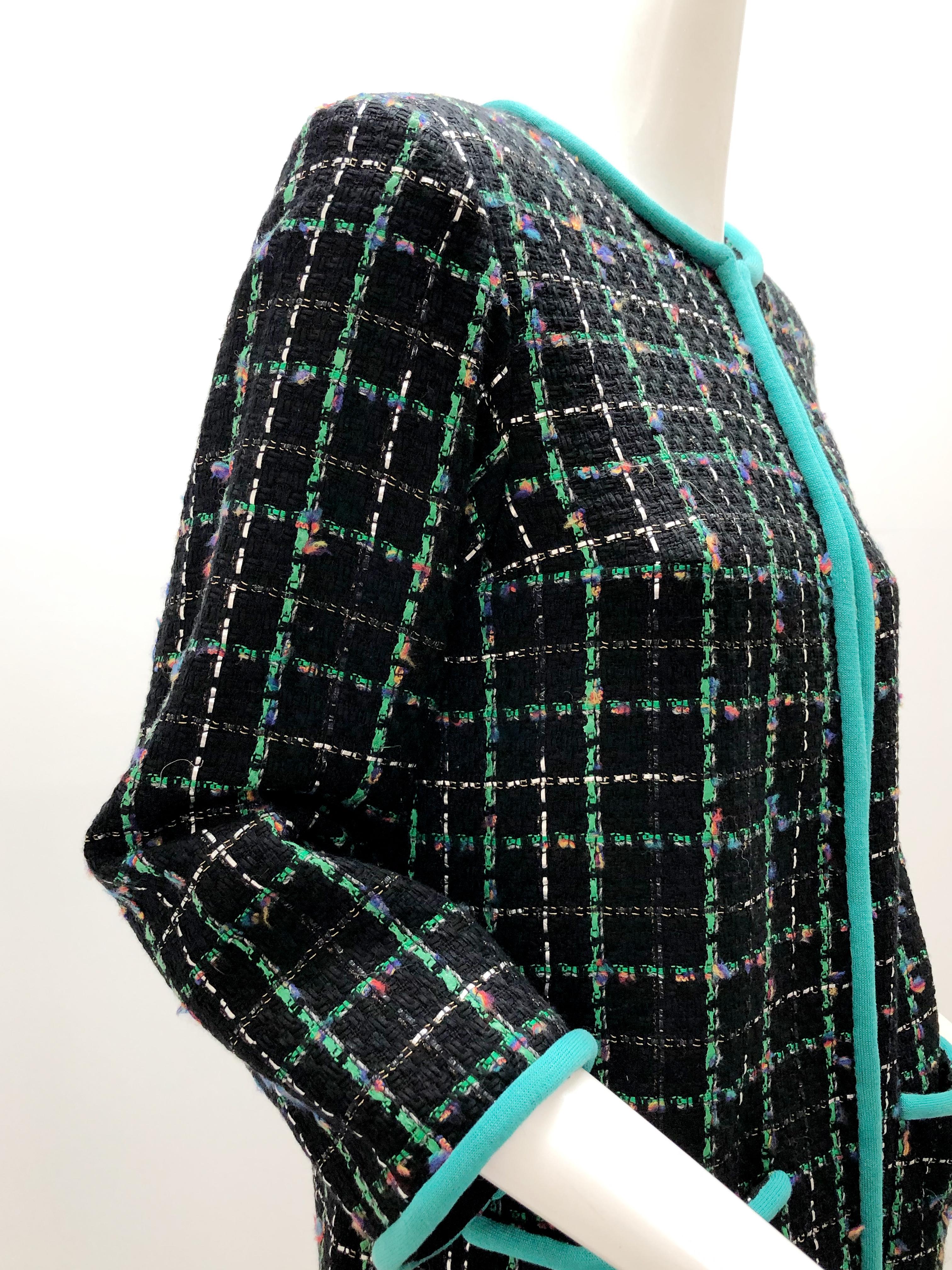 Chanel Black Fantasy Tweed 3/4 Jacket W/ Turquoise Knit Piping & CC Logo Buttons 4