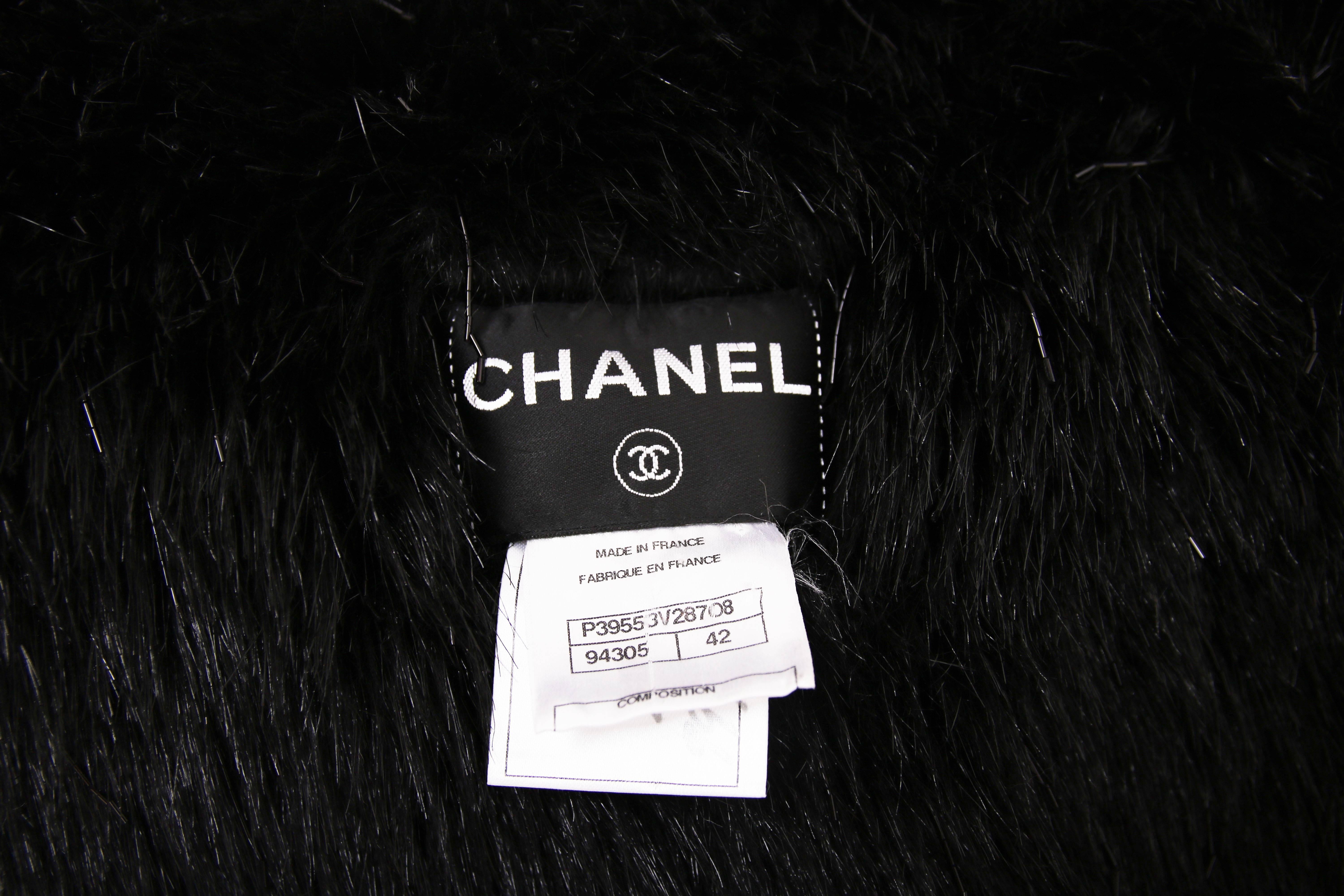 Women's Chanel Black Faux Fur & Bead Vest w/Dramatic Collar