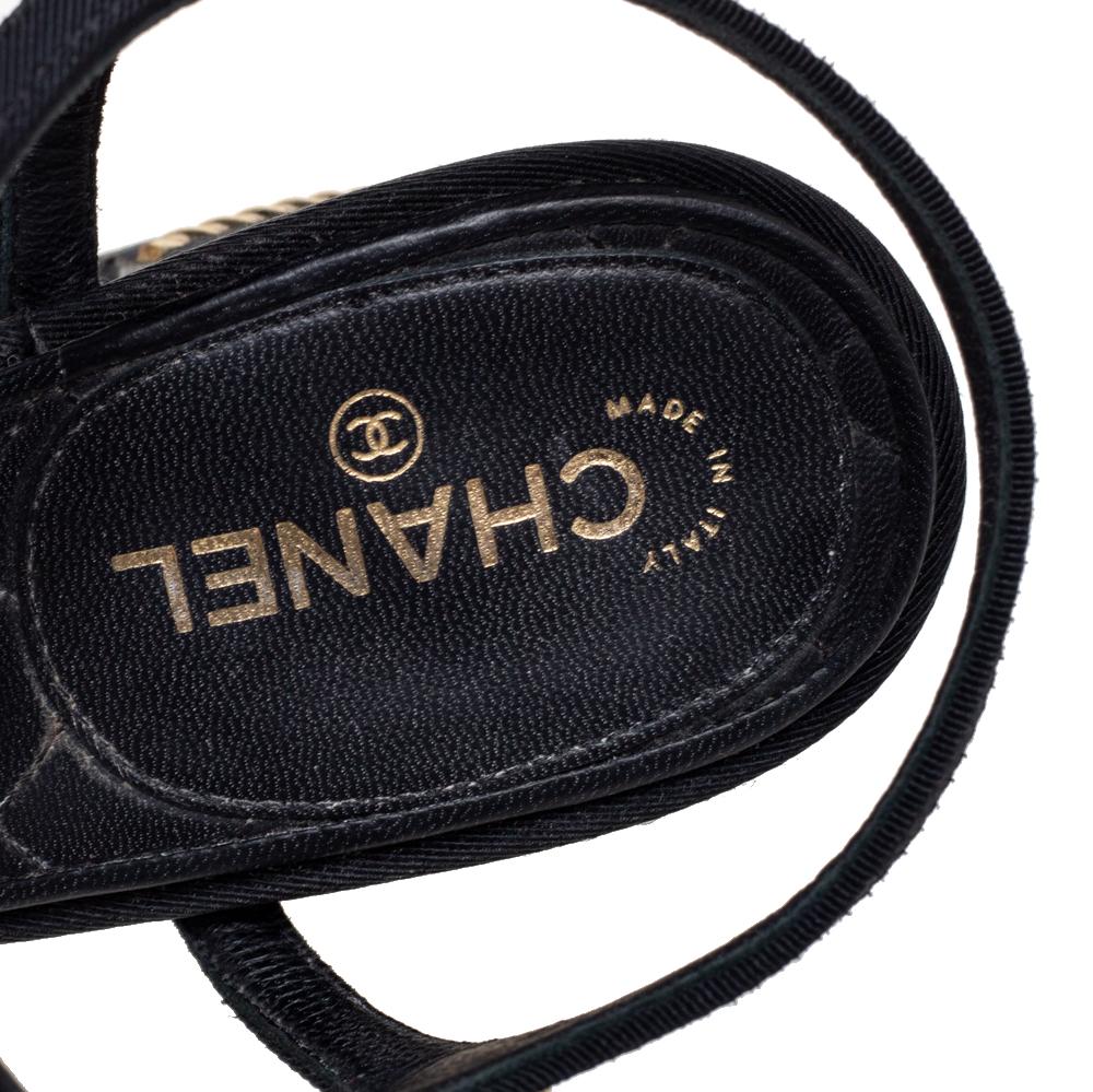 Women's Chanel Black Faux Pearl Embellished Fabric Ankle-Strap Sandals Size 38