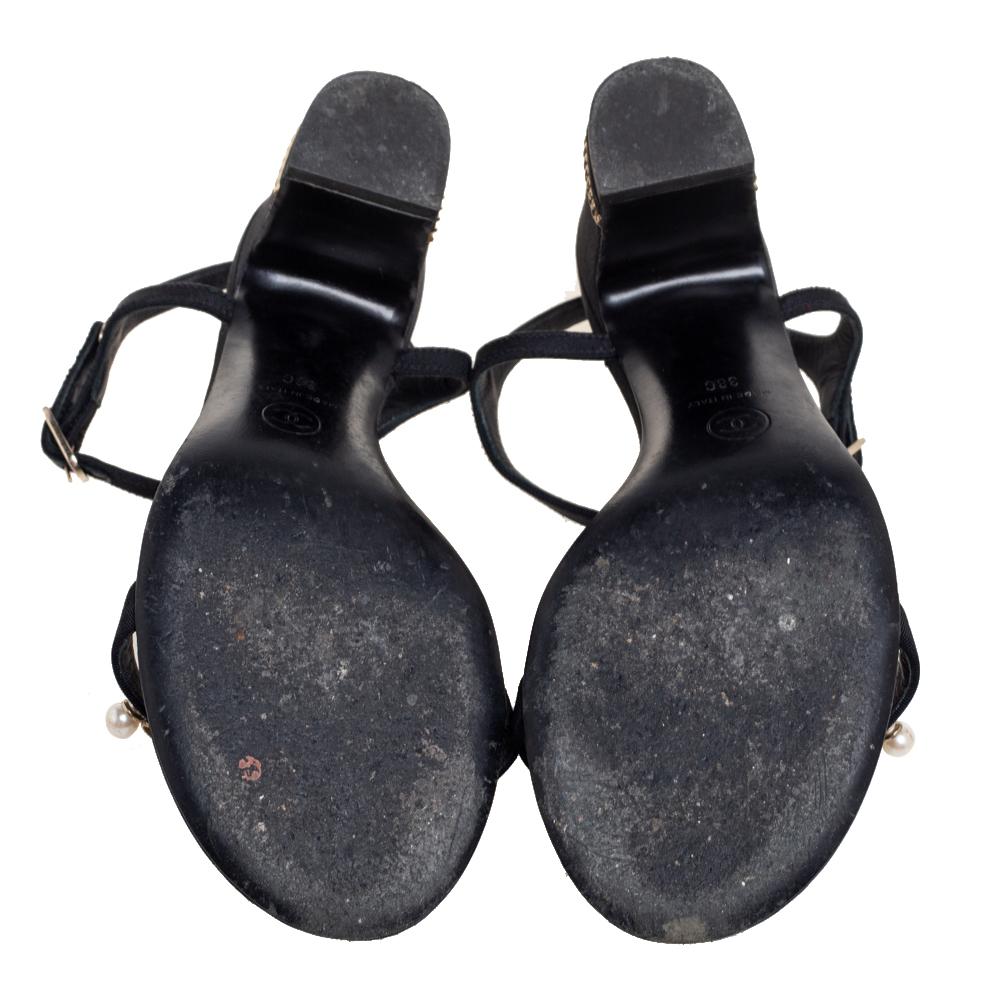 Chanel Black Faux Pearl Embellished Fabric Ankle-Strap Sandals Size 38 1