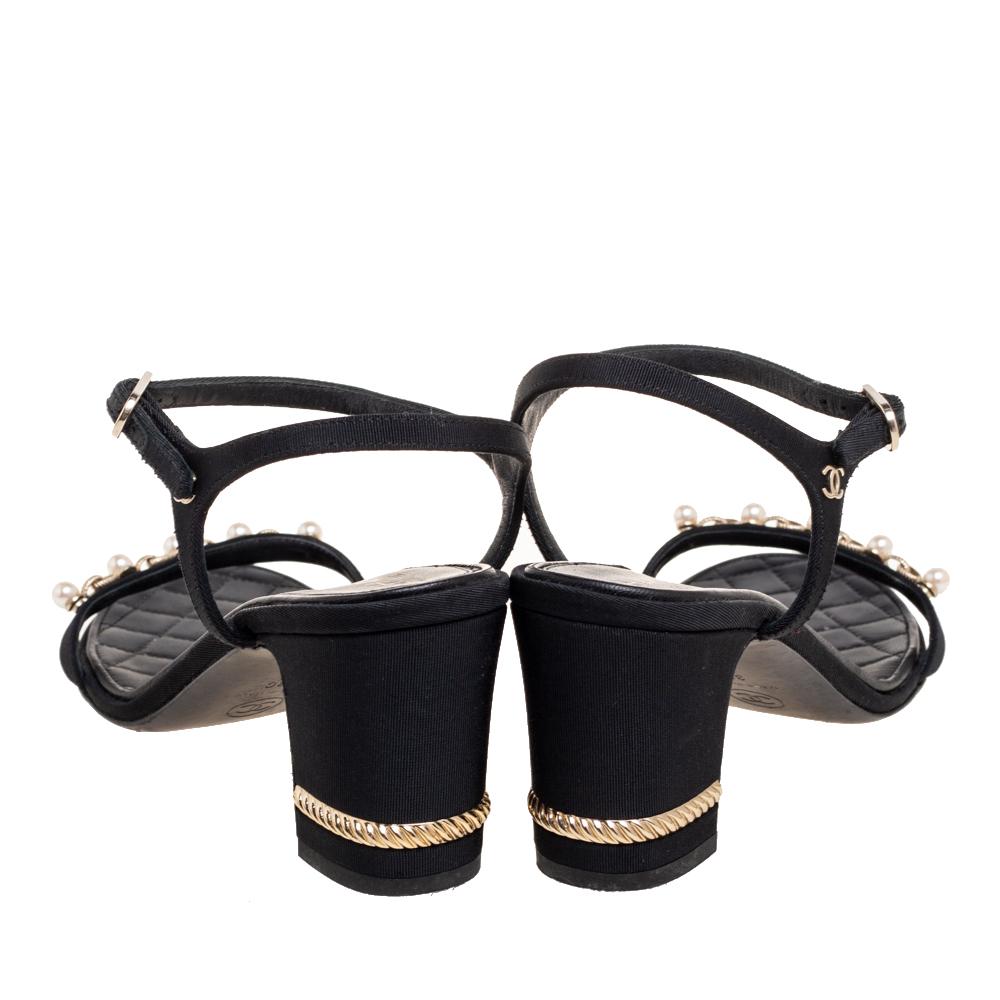 Chanel Black Faux Pearl Embellished Fabric Ankle-Strap Sandals Size 38 3