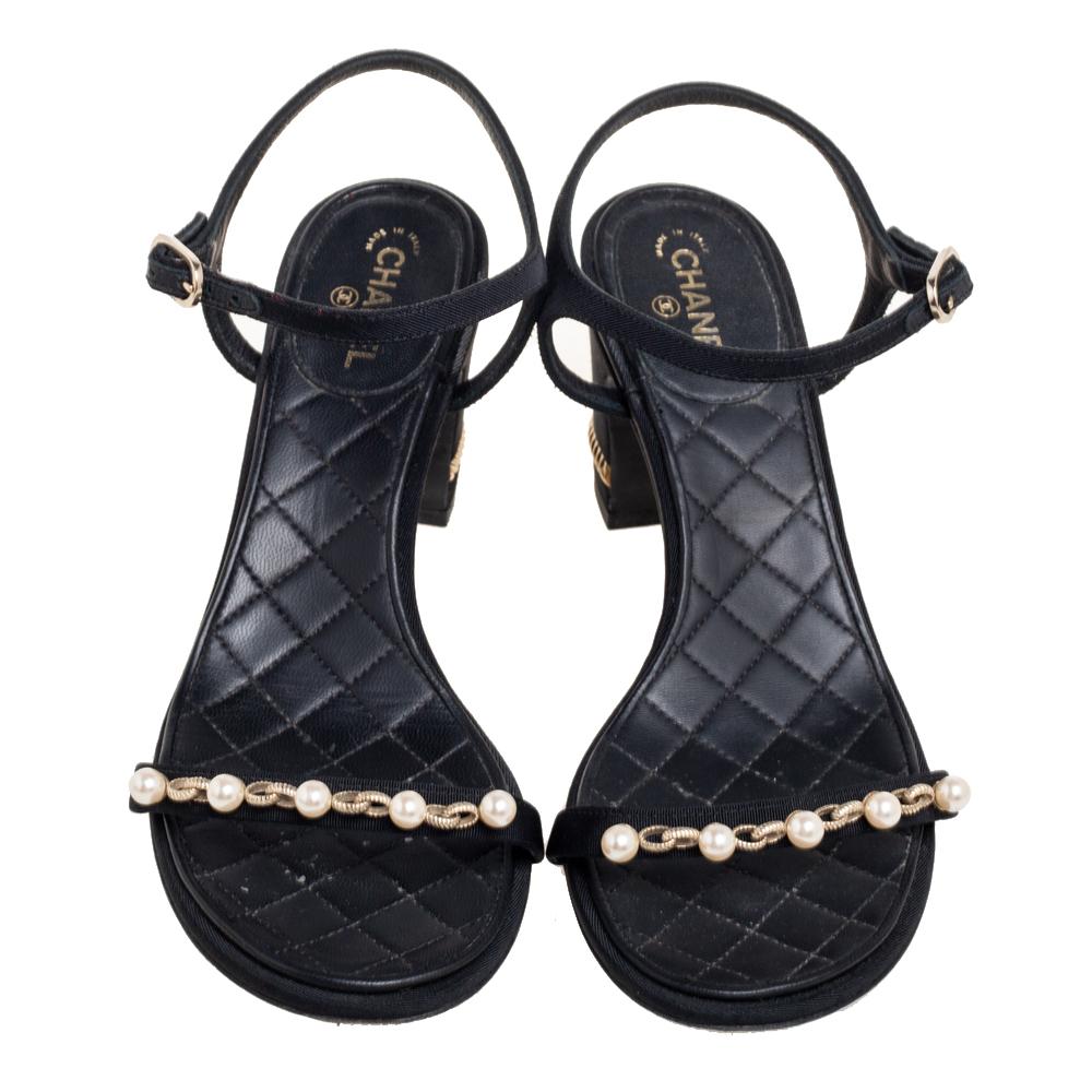 Chanel Black Faux Pearl Embellished Fabric Ankle-Strap Sandals Size 38 4