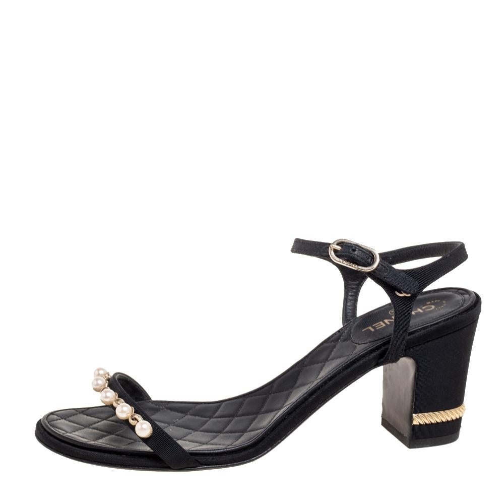 Chanel Black Faux Pearl Embellished Fabric Ankle-Strap Sandals Size 38 5