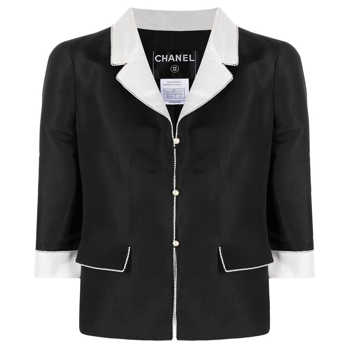Chanel Black Faux Pearls Trimming Silk Jacket