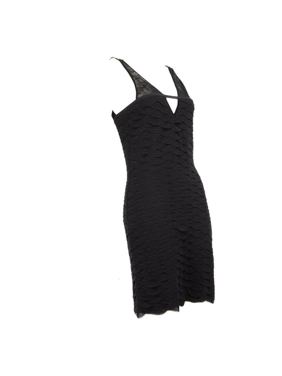 CONDITION is Very good. Hardly any visible wear to the dress is evident on this used Chanel designer resale item.
 
 
 
 Details
 
 
 Black
 
 Synthetic
 
 Dress
 
 Fish scale textured pattern
 
 Sleeveless
 
 V-neck
 
 Embellished shoulder straps
