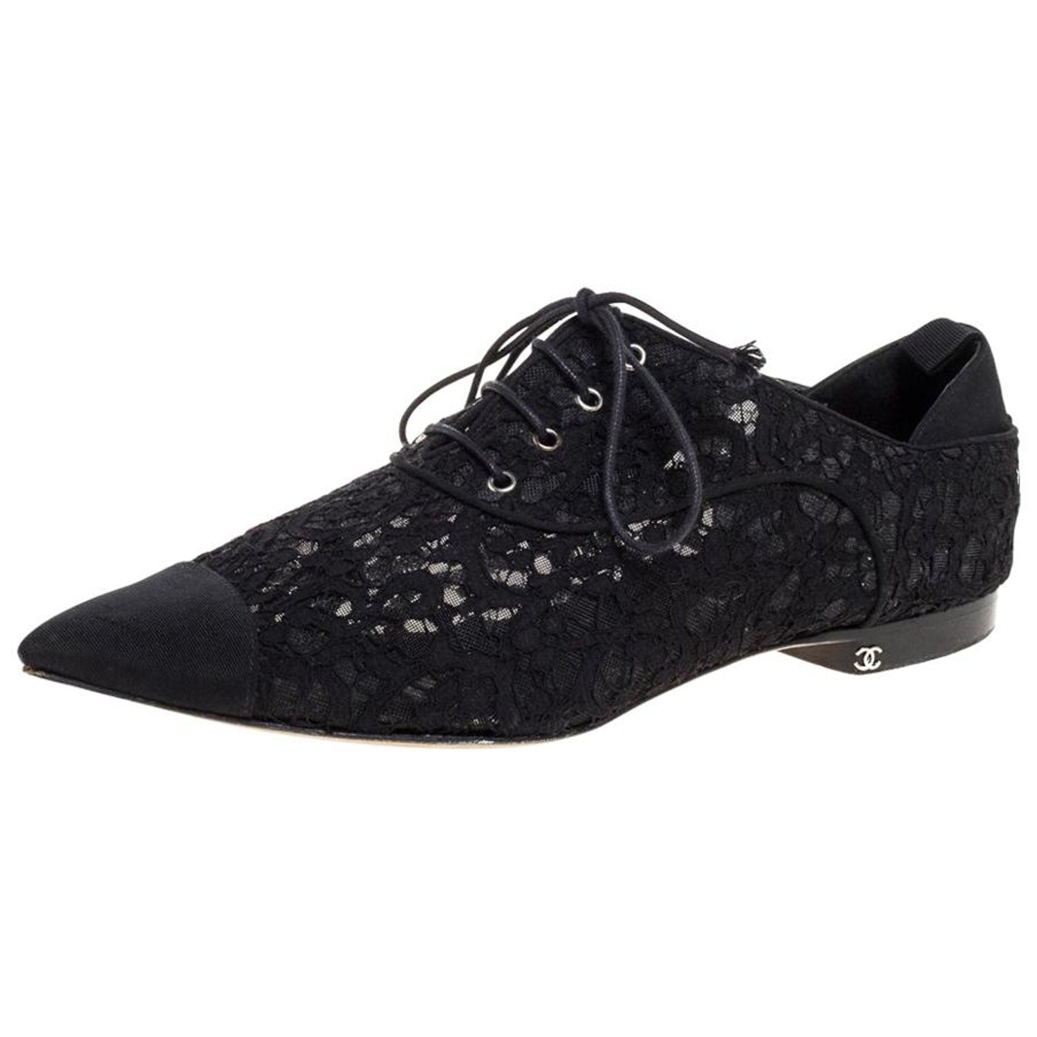 Chanel Black Floral Lace Cap Toe Lace Up Oxfords Size 41 For Sale at 1stDibs
