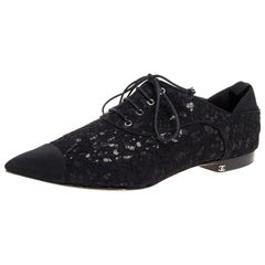 Chanel Black Floral Lace Cap Toe Lace Up Oxfords Size 41